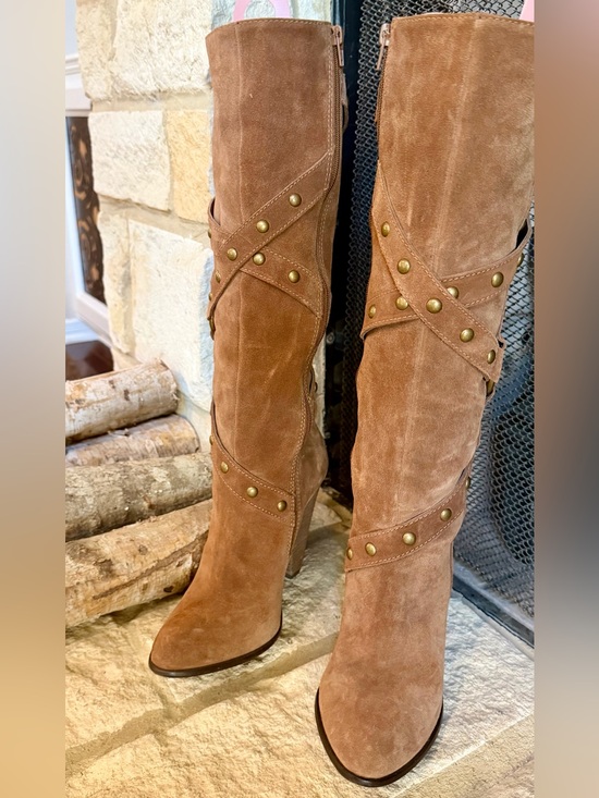 Carlos by Carlos Santana Shoes - Carlos by Carlos Santana Brown Suede Studded Knee High Boots Size 8 4 inch heel